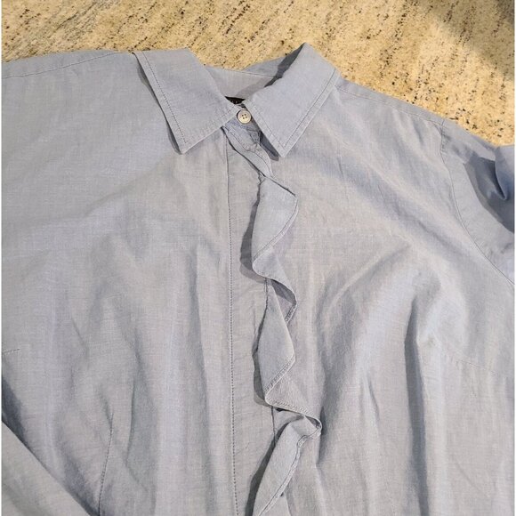 Talbots Top Women Sz 14 Blue Chambray Button Shirt Ruffle Front Roll Tab Sleeve - Picture 7 of 12